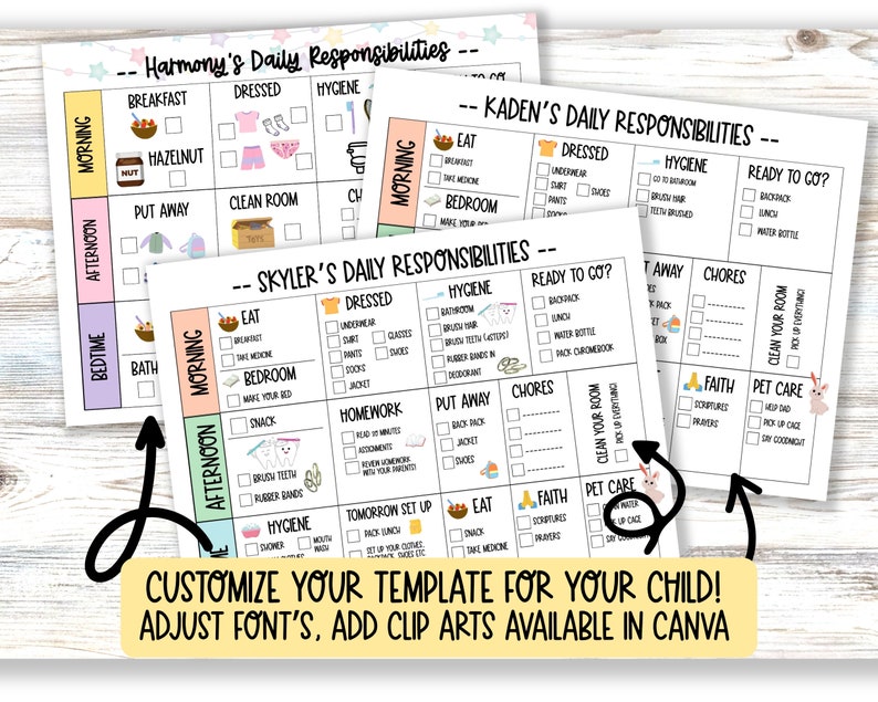 3 versions of a revised template printed. Customize with kids names, type in your own tasks, choose different images if wanted. Benefits of templates: Use for multiple kids, change each season, customize your own kids routine needs.