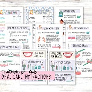 Pósters imprimibles para el cepillado de dientes, instrucciones de cuidado bucal, guía de pasos, cómo cepillarse los dientes y usar hilo dental con aparatos dentales, cómo usar el enjuague bucal con agua.