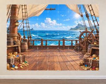 Pirate Ship Photo Backdrop, for Birthday, Office/ Classroom/ Halloween Parties, Print and Paste Togethe