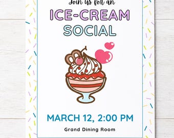 Activity Notification Flyer, Ice Cream Social Family Invitation, Editable Canva Template, Designed by Activity Director in Long Term Care