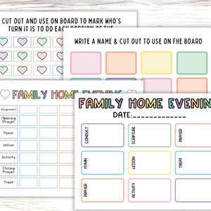 May include: A set of printable paper sheets for family home evening planning. The sheets feature colorful pastel boxes, heart icons, and text including "Family Home Evening," "Conduct," "Scripture," "Prayer," "Hymn," "Lesson," "Activity," and "Treat."