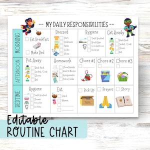 Customizable Daily Responsibility Chart with Pictures After School Routine Chart for Kids Morning Checklist Bedtime Routine Kid Chore Chart