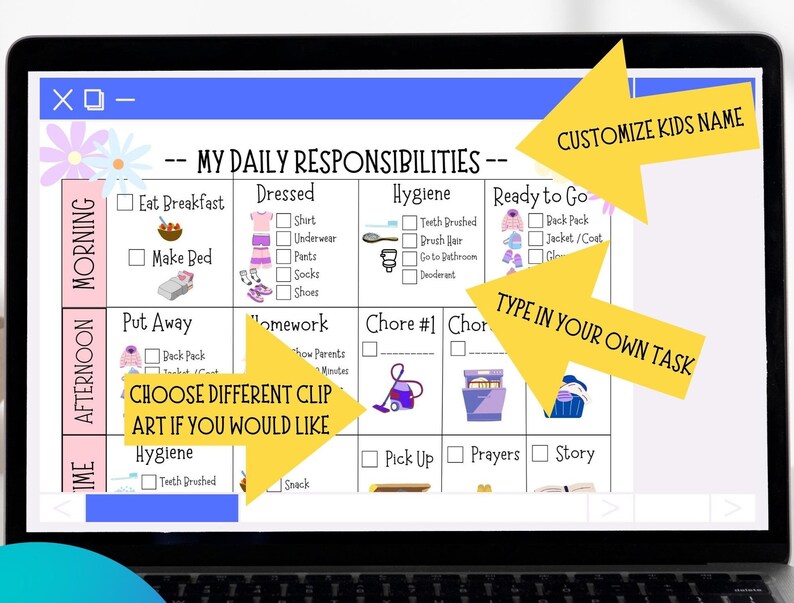 Edit for free in Canva - on a desktop  an example of editing. 
Benefits of templates: Use for multiple kids, customize clip art, change each season, customize your own kids routine needs.