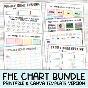 May include: Printable Family Home Evening chart bundle with colorful rainbow borders. The charts include sections for opening prayer, lesson, activity, and closing. The bundle also includes name tags and picture placeholders.