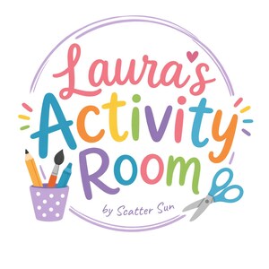 May include: A circular logo featuring the text Laura's Activity Room by Scatter Sun in colorful letters. A purple polka-dot cup holds a yellow pencil, a paintbrush, and a blue crayon. A pair of blue scissors is positioned on the lower right side.