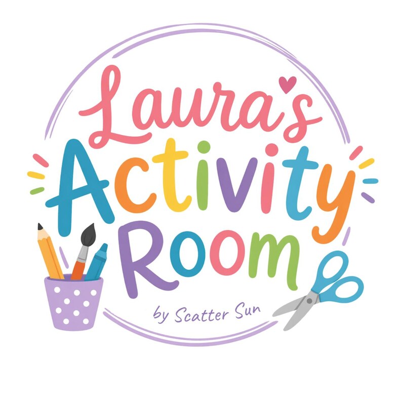 May include: A circular logo featuring the text Laura's Activity Room by Scatter Sun in colorful letters. A purple polka-dot cup holds a yellow pencil, a paintbrush, and a blue crayon. A pair of blue scissors is positioned on the lower right side.