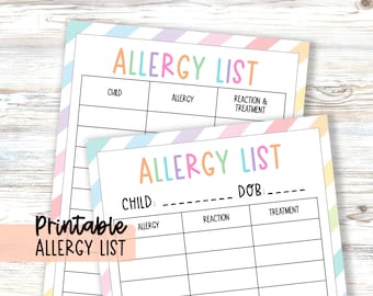 Allergy List Printable, Home Day Care or Classroom Emergency Information Sheet, Multiple Children Allergies List, Kids Health Record Form