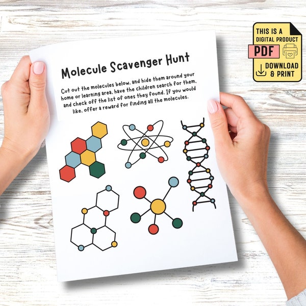Moleculenspeurtocht Spel Afdrukbare STEM-leeractiviteit Wetenschapswerkblad Knip moleculen uit en verberg ze en kinderen zoeken ze met behulp van de checklist