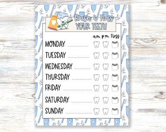 May include: A weekly dental hygiene tracker chart featuring a blue and white pattern of toothbrushes and toothpaste. The header reads Brush & Floss YOUR TEETH with a cartoon tooth. Each day from Monday to Sunday includes icons for a.m., p.m., and floss.