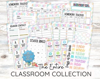 Classroom Collection, School Organization Bundle, Posters, Flash Cards, Spelling Vocab, Techer Logs, Homework Trackers, Reward System & More