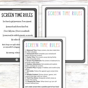 May include: Three rectangular tablet-shaped printables featuring the text SCREEN TIME RULES. One displays a list of rules including homework and chores, another is blank with pastel text, and the third lists ten numbered guidelines for screen usage.