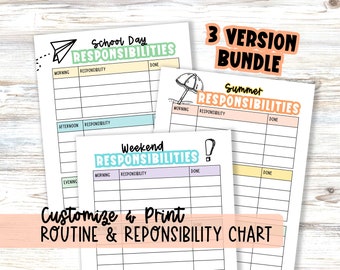 Responsibility Chart for Kids Daily Schedule Editable Template, 4 Variation Bundle Summer Schedule, After School & Weekends Routine Charts