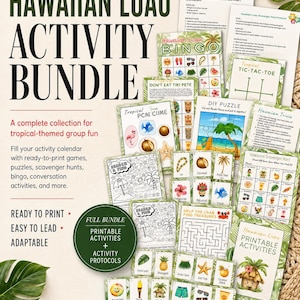 BIG Hawaiian Luau Activity Bundle, Party Games, Puzzles, Bingo, Playing Card, Includes  Activity Protocols for Recreation Directors / Groups