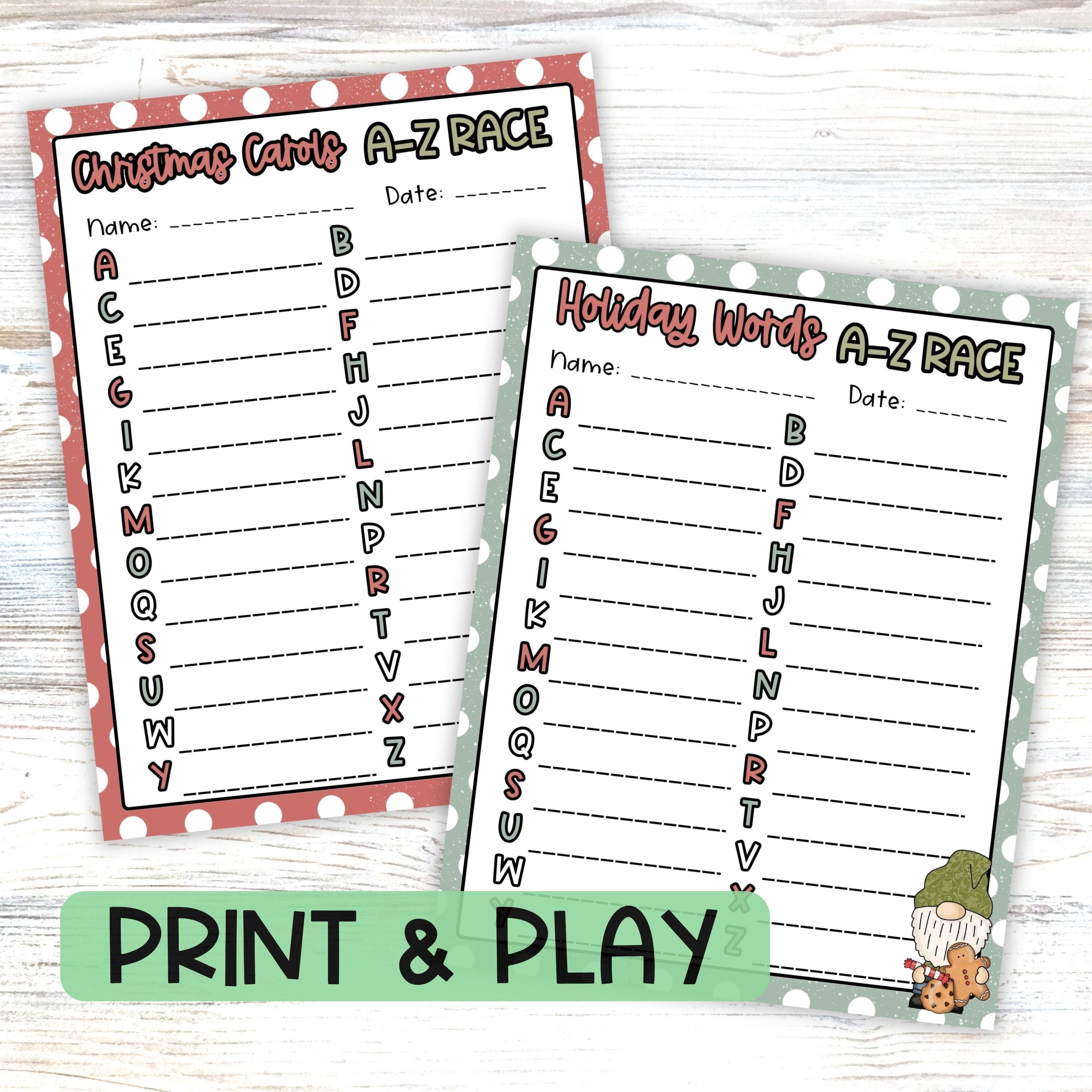 A-Z Word Race Party Games, Christmas Carol or Holiday Theme Words, Family Reunion or Class Party Activity, Printable Sheets & Answer Key