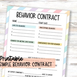 Behavior Contract Printable Actions and Consequences Agreement Form, Classroom Management, Home Behavior Chart, Boundaries Visual Worksheet