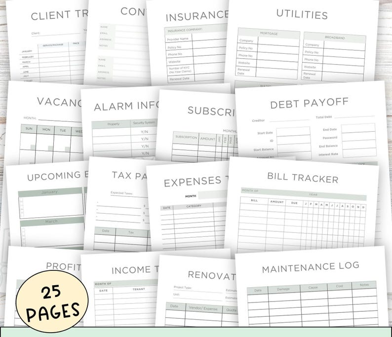 Multiple Printed Pages with Various Titles. Rental Property Planner with 25 Printable Pages.