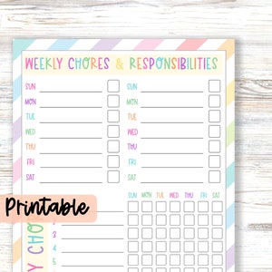 May include: A weekly chores and responsibilities chart with a pastel diagonal striped border. The document features two columns for daily tasks with checkboxes, a section for numbered tasks, and a grid for tracking daily progress across the week.