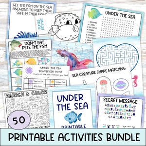 Under the Sea Activities, Printable Party Games, Learning Worksheets Coloring, Word Games, Scavenger Hunts, Puzzles, Mazes, Bingo, Fish Card