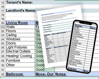 Inspections Spreadsheet Checklist Template for Landlord, Tenant Property Walkthrough,  Editable Rental Property Move-in and Move-out Forms