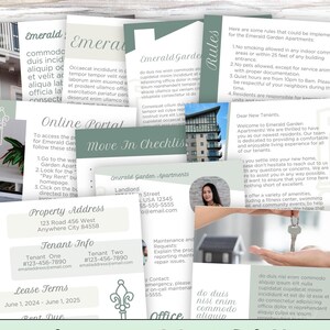 Multiple Printed Pages of Tenant Welcome Packet. This is an editable Canva Template.