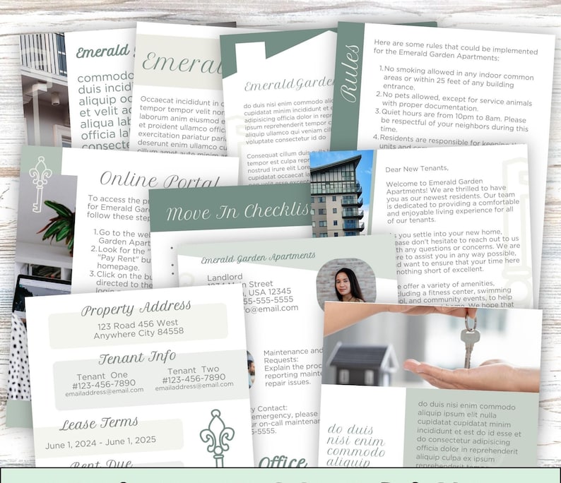 Multiple Printed Pages of Tenant Welcome Packet. This is an editable Canva Template.