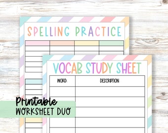 Vocabulary Practice Worksheet, Word and Description, Write in Sentence, Bundle with Spelling List Writing Practice Sheet, Study Resource