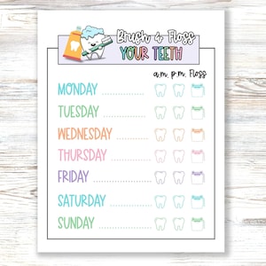 Tabla de pegatinas para el cepillado de dientes y el uso del hilo dental, tabla de recompensas semanales para niños, cuidado bucal diario por la mañana, pósteres visuales para la rutina de la hora de dormir