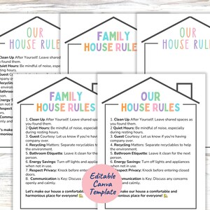 May include: A set of five house-shaped printable templates featuring the text Our House Rules or Family House Rules in pastel colors. The documents include eight numbered guidelines for shared living, ending with a closing statement and a pink circle overlay with the text Editable Canva Template.