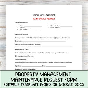 Plantilla de mantenimiento para administración de propiedades, formulario de solicitud editable y lista de responsabilidades de rutina de mantenimiento de edificios de apartamentos.