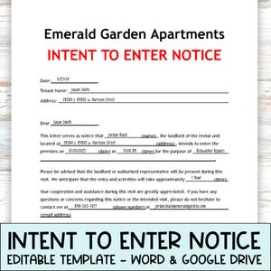 Modelo de carta editável de notificação de intenção de entrada em apartamento para administração de imóveis, direitos dos inquilinos e conformidade do proprietário para notificação de 24 horas