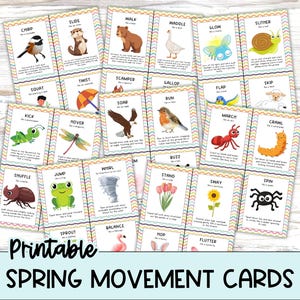 Puede incluir: Cartas de movimiento de primavera imprimibles con ilustraciones coloridas de animales y objetos. Cada carta tiene una palabra de movimiento como "deslizar", "bambolear", "brillar", "galopar", "aletear", "arrastrarse", "barajar", "saltar", "girar", "pararse", "balancearse", "girar", "brotar", "equilibrar", "saltar" y "aletear".