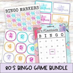 May include: A printable 80's themed bingo game bundle. The game includes a bingo card with numbers, a set of bingo markers, and a set of bingo chips. The bingo card is pink and blue with a geometric pattern. The bingo markers are colourful and have a retro 80's design. The bingo chips are round and have numbers on them.