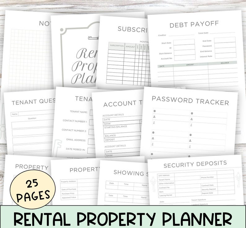 Multiple Printed Pages with Various Titles. Rental Property Planner with 25 Printable Pages.
