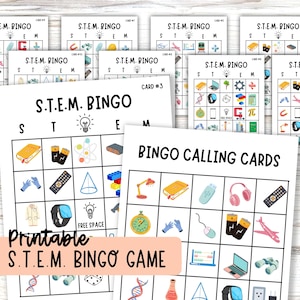 May include: A printable STEM bingo game with calling cards. The game features images related to science, technology, engineering, and maths. The calling cards include images of a lightbulb, a book, a pair of gloves, a watch, a remote control, a cone, building blocks, a compass, headphones, a mouse, batteries, an aeroplane, an abacus, a laptop, binoculars, DNA, a beaker, a triangle, and an outlet.