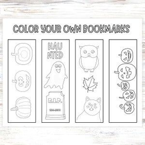 Conjunto de marcadores de Halloween, página para colorear imprimible para niños, actividad artesanal espeluznante de bricolaje, marcas de libros para colorear, feliz favor de fiesta de Halloween