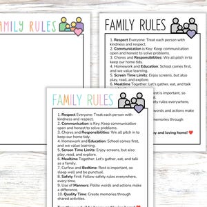 May include: Three white rectangular signs with black borders and text. One sign is blank, while two feature the title FAMILY RULES in pastel letters, a family icon with a heart, and a numbered list of ten rules for a happy and loving home.
