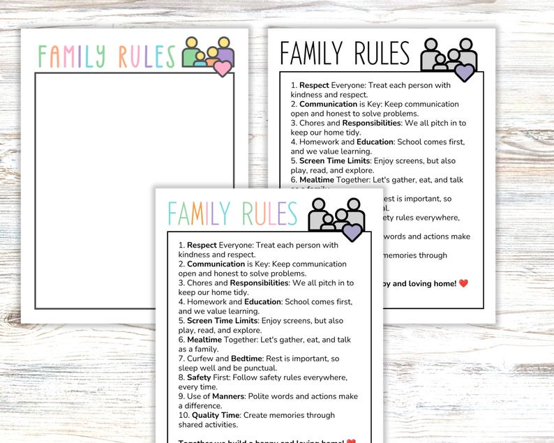May include: Three white rectangular signs with black borders and text. One sign is blank, while two feature the title FAMILY RULES in pastel letters, a family icon with a heart, and a numbered list of ten rules for a happy and loving home.