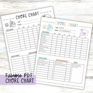 May include: Printable chore chart with a black and white design. The chart includes sections for daily chores, weekly chores, other responsibilities, and notes. The chart is titled "Chore Chart" and includes a space for a name, reward, and ice cream date.
