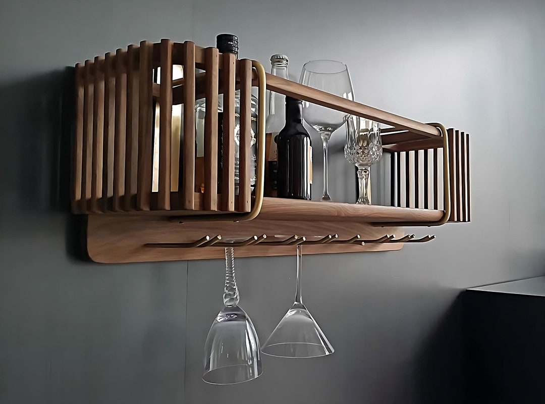 Solid Walnut and Brass Floating Shelf With Glass Rack Etsy