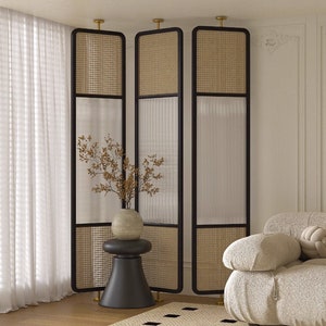 Mid Century Modern Fluted Glass Cane Privacy Screen | Room Divider