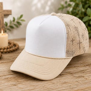 Beige Trucker Hat with Cross Mesh Back | DIY Hat Bar | Embroidery DTF Patch Ready