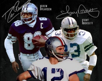 Roger Staubach Tony Dorsett Drew Pearson Dallas Cowboys Drieling Ondertekend Foto Handtekening Print Poster Wall Art Home Decor