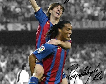 ロナウジーニョ リオネル メッシ サッカーレジェンド サイン入り写真