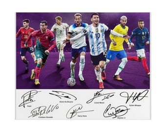 リオネル・メッシ、クリスティアーノ・ロナウド、ネイマール、ケイン、ペドリ、エムバペのサッカースーパースターのサイン入り写真プリント、サイン入りウォールアート