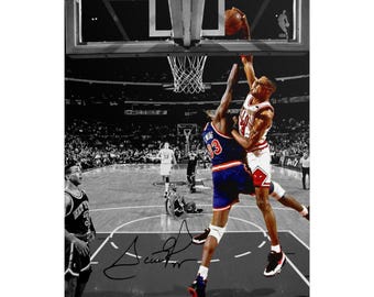 Scottie Pippen Dunk over Patrick Ewing Signed Photo Autograph Print Poster Wall Art Home Decor
