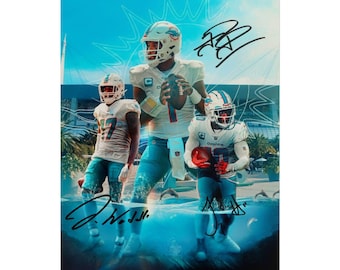 Tua Tagovailoa, Jaylen Waddle e Tyreek Hill - Impressão fotográfica autografada para decoração de parede.