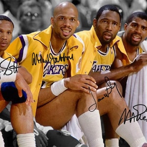 Magic johnson kareem abdul jabbar james digno byron scott la lakers showtime assinado foto autógrafo impressão cartaz arte da parede decoração de casa