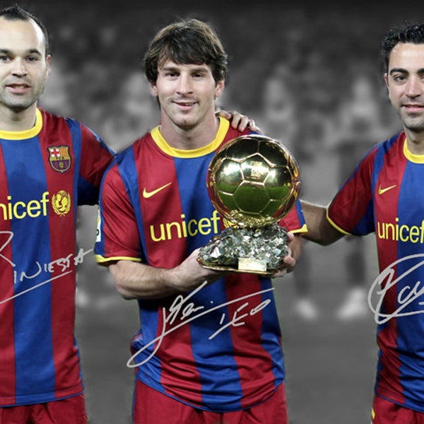 Lionel Messi Xavi Hernandez Andres Iniesta Signed Photo Autograph Print Poster Wall Art Home Decor