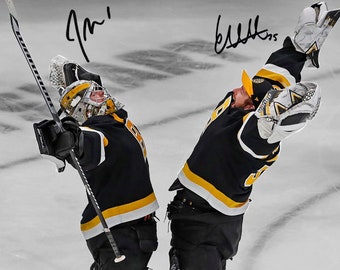Póster con foto firmada y autógrafo de Jeremy Swayman y Linus Ullmark, celebración de la victoria de los Boston Bruins, decoración de pared para el hogar.
