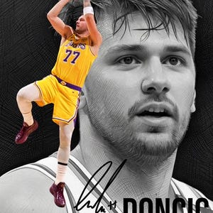 May include: A digital art print featuring a basketball player in a yellow and purple jersey with the number 77, mid-jump, holding a basketball. The image includes a grayscale portrait of the same player, his signature, and the name "DONCIC".